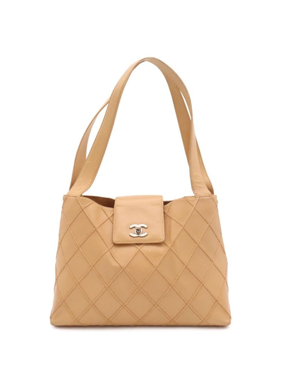 Chanel Flap Wild Stitch CC Logo Turnlock Handbag Leather Beige Silver